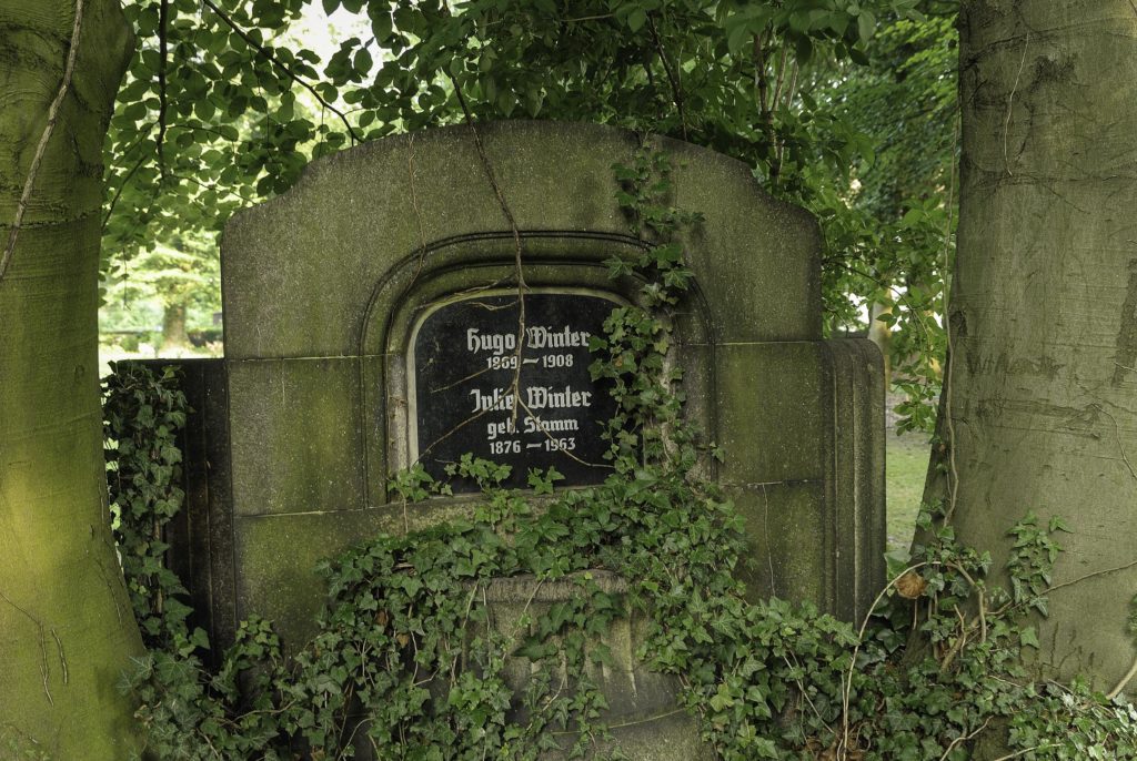 Zwischen zwei Bäumen befindet sich ein verwitterter, teilweise mit Efeu bewachsener Grabstein. Die Inschrift erinnert an Hugo Winter (1868-1908) und Isiek Winter (1876-1953). Das Grab ist von Grünzeug umgeben.