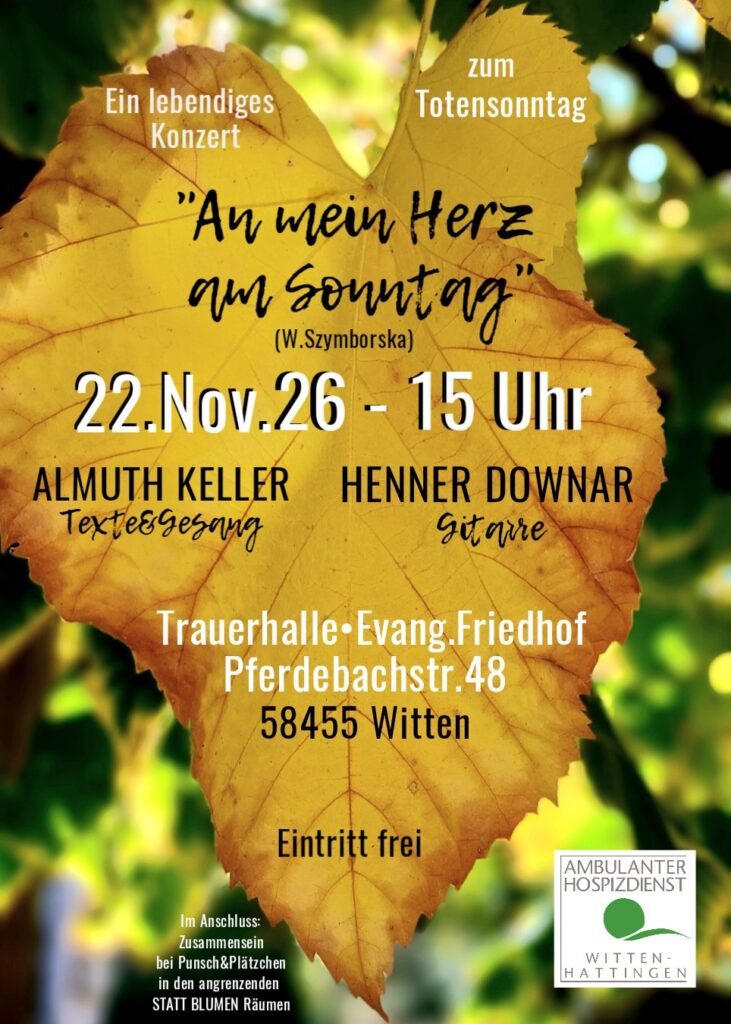 Plakat: Konzert „An mein Herz am Sonntag“ am 22. November 2026 um 15 Uhr in der Trauerhalle des Ev. Friedhofs Pferdebachstraße